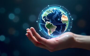 A detailed image of a hand holding a hightech digital globe, with luminous connections and dynamic data points, representing a connected planet. High quality