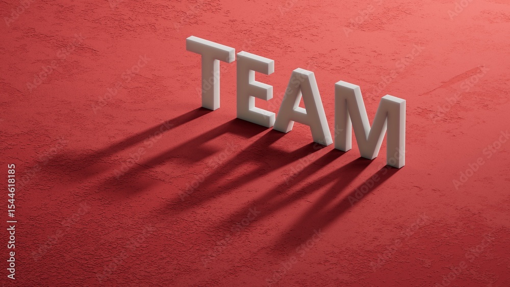 Poster the hand puts a shadow of 3d charcaters with the letter t from the word team. the word is written on