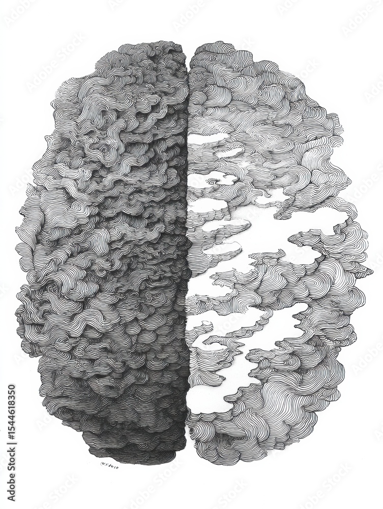 Poster Chaotic Lines Create a Brain Shape on One Side Contrasting With a Clean Muted Design, Representing Complex Thoughts Versus Clarity