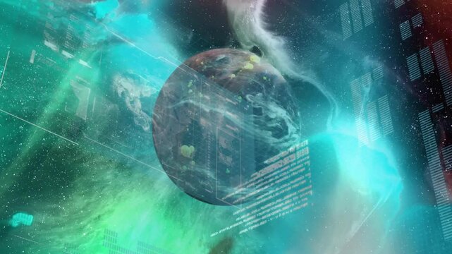 Entering view digital planet spinning as UI panels sliding forming data border for data display