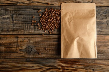 Premium Quality Visual of Paper Package with Coffee Beans Isolated on Wooden Table