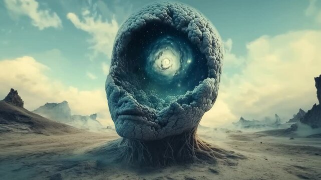A surreal massive head with an inner galaxy is positioned in a vast desert landscape under a dramatic sky