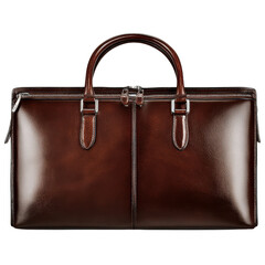 A sleek, polished, dark brown leather briefcase with dual handles and a central buckle closure.