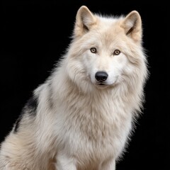 Obraz premium Striking wolf portrait showcases a high fidelity blend of half white with captivating eyes and half black against a contrasting backdrop beautifully.