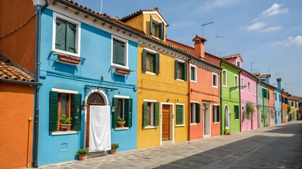 Fototapeta premium Colorful Burano houses, Italy: a sunny street scene with vibrant facades and laundry hanging