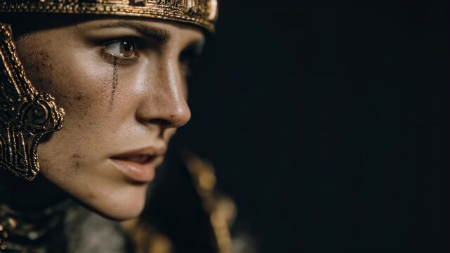 Close-up portrait of a historical female warrior queen with golden armor and dark background