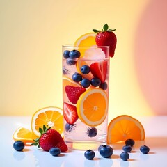 Fresh fruit drink in a glass with ice cubes and arranged aesthetically