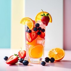 Fresh fruit drink in a glass with ice cubes and arranged aesthetically