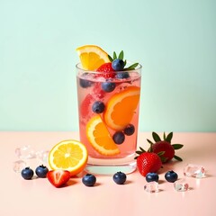 Fresh fruit drink in a glass with ice cubes and arranged aesthetically