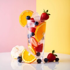 Fresh fruit drink in a glass with ice cubes and arranged aesthetically