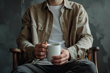 High Definition View of a Man is Sitting in a Chair Holding a White Coffee Cup