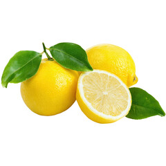 Three ripe yellow lemons with green leaves, one cut in half showing the juicy interior.