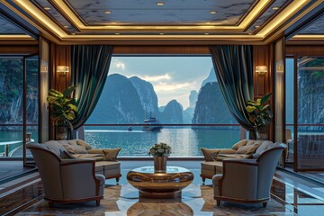 Luxury Cruise Ship Sitting Room with Photo Realistic View of Ha Long Bay in Evening