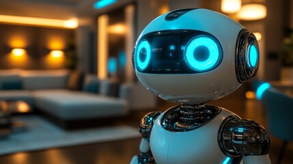 Fototapeta premium A charming robot enhances an elegant living area, adding a touch of futurism and companionship