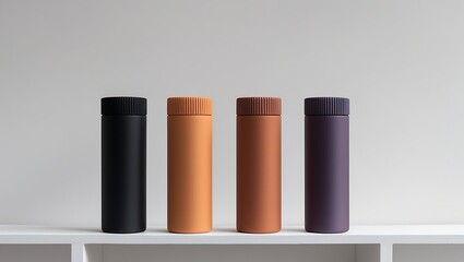 Fototapeta premium Four matte color cylindrical bottles on white shelf