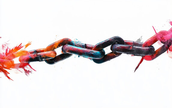 A chain split apart with a glowing dove above signifying the end of oppression Isolated on white Background