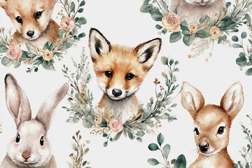 Whimsical Watercolor Patterns of Cute Baby Animals in Floral Arrangements Generative AI