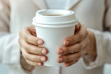 High Definition Picture of Female Two Hands Hold a White Take Out Cup with Coffee