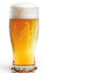 Glass of Fresh Goldencolored Beer with Cap of Foam Isolated on White Background