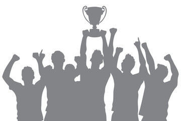Silhouetted champions unite, lifting the trophy as confetti rains. A powerful visual of triumph and glory, perfect for sports brochures, wallpapers, and victory-themed campaigns