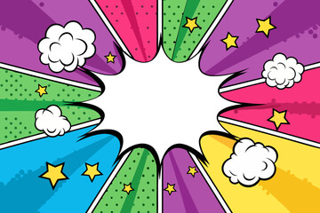 Comic Style Pop Art Explosion Frame with Transparent Center and Colorful Starbursts