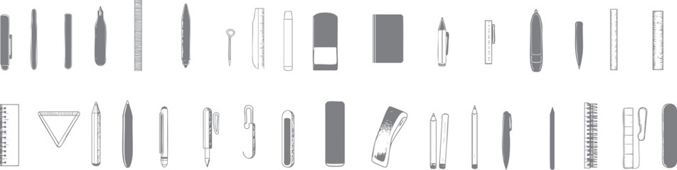 Set of office equipment icons such as pencil, ruler, eraser in flat line art style. Vector illustration