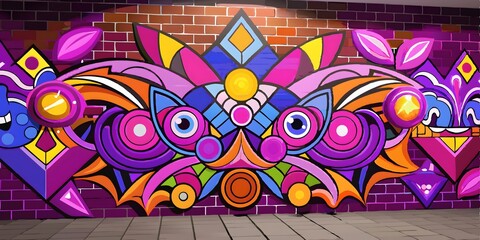 Fototapeta premium Vibrant abstract graffiti art mural on brick wall, urban street art