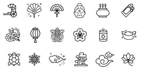 Chinese new year outline icon set. vector