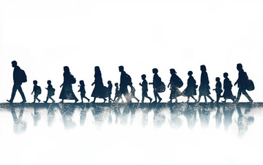 A line of human silhouettes carrying bags symbolizing refugee migration Isolated on white Background