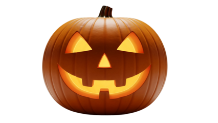 A glowing jack-o'-lantern with a carved face sits against a white background, ready for Halloween.