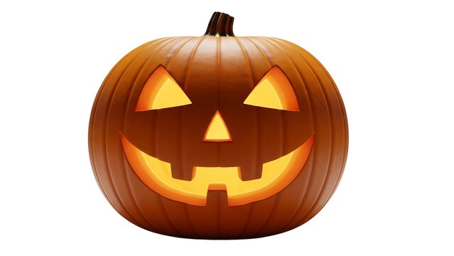 A glowing jack-o'-lantern with a carved face sits against a white background, ready for Halloween.
