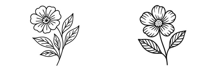 Two line-drawn flowers with leaves, showcasing unique designs and artistic flair in a simplistic style