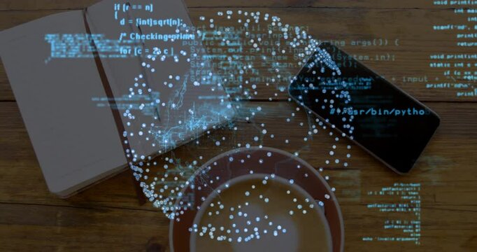 Starting code scrolling, sphere over cup rotating and pulsing processing beside notebook smartphone