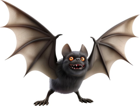 Cartoon bat with large wings against a black background.