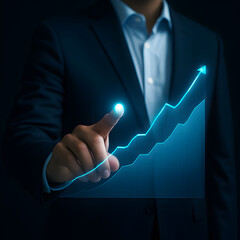 Ascending Area Chart Touch (Blue)  A glowing area chart fills in from left to right with a translucent gradient — a business hand hovers near the peak, showing business expansion.