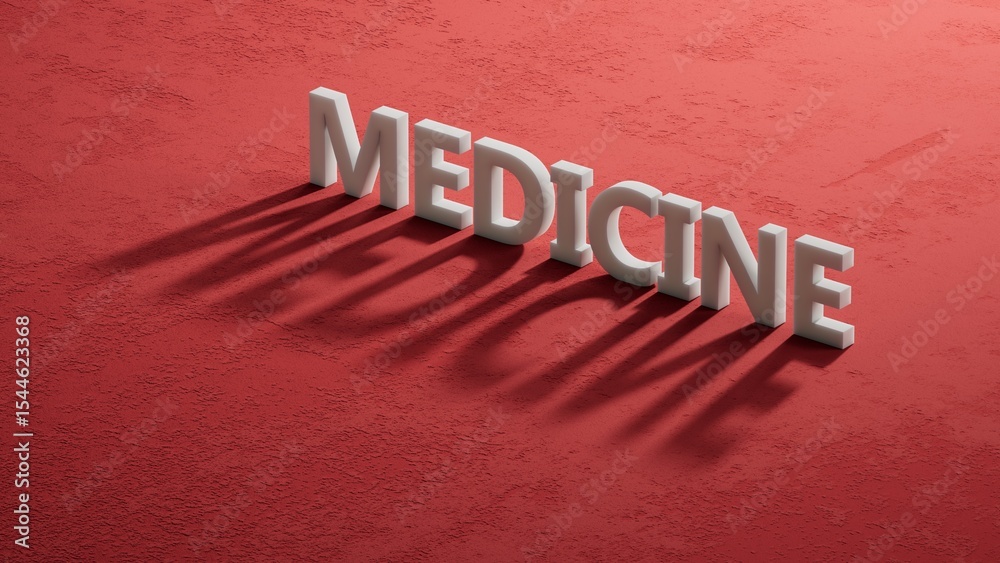 Poster medicine text word on shadow of 3d charcaters.3d rendering on red background.