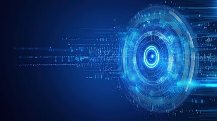 Futuristic Digital Technology Blue Background, Centered AI Robot Eye Design Showcases Innovation and Speed, Perfect for Various Promotional Scenarios