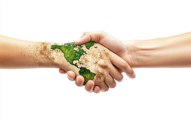 A symbolic handshake showing racial harmony and mutual respect Isolated on white Background