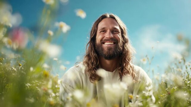 esus Christ stands smiling warmly in a radiant, heavenly flower garden. Surrounded by vibrant blooms