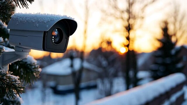 Snow covered security camera winter sunset footage