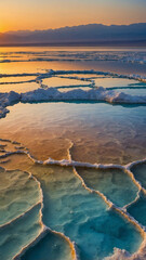 Obraz premium Scenic salt formations and blue water terraces at sunset. Natural mineral landscape with vivid colors, calm surface reflections, and distant mountain silhouettes. Serene and surreal atmosphere.