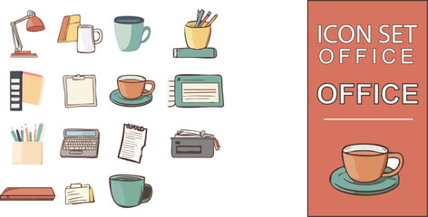 Collection of office element illustrations such as work lamps, calculators, files, books, coffee, and pencil cases. Vector illustration