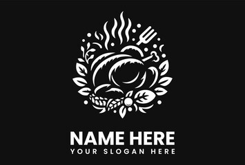 A stylized roasted chicken logo design, encircled by leaves and culinary icons, ready for branding.