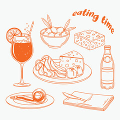Eating time snack and drink set. Cheese plate, cured meat, olives, cocktail, bottled soda and dessert icons. Tasty hand drawn illustration for menu and social media