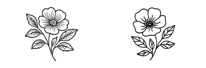 Floral designs featuring two distinct flower illustrations with leaves in black and white on a plain background