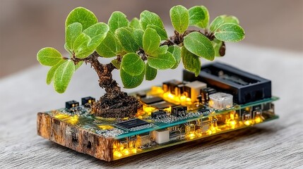 Green Tech: Bonsai Tree on Circuit Board