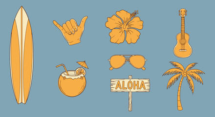 Aloha surf icon pack. Longboard, shaka hand, hibiscus bloom, coconut drink, sunglasses, ukulele and palm tree with Aloha sign. Fun tropical clipart for summer branding
