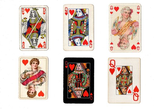 A vintage playing card in different designs isolated on a white background.