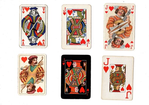 A vintage playing card in different designs isolated on a white background.