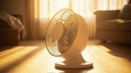 White desk fan cooling room sunlight summer heat